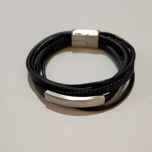 Multi-strand Black Leather & Stainless Steel Bracelet - 8.5 inches